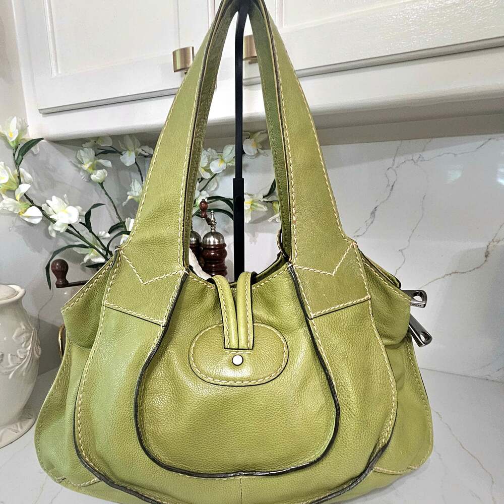 Fifty Four Fossil Green Leather Shoulder Bag with Bamboo-Style Toggle Closure - Picture 2 of 10